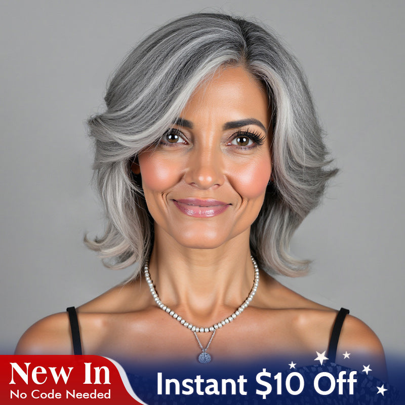 Soul Lady Summer Trendy Salt And Pepper Gray Human Hair Wig – Retro Flip Layered Cut, Glueless, Natural Look Straight Wig for Women over 50