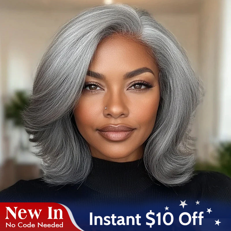 Summer Trendy Salt And Pepper Gray Human Hair Wig – Retro Flip Layered Cut, Glueless, Natural Look Straight Wig for Women