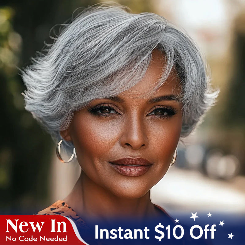 Soul Lady Summer Trend | Salt & Pepper Short Pixie Cut Glueless Human Hair Gray Wig With Retro Flip Ends