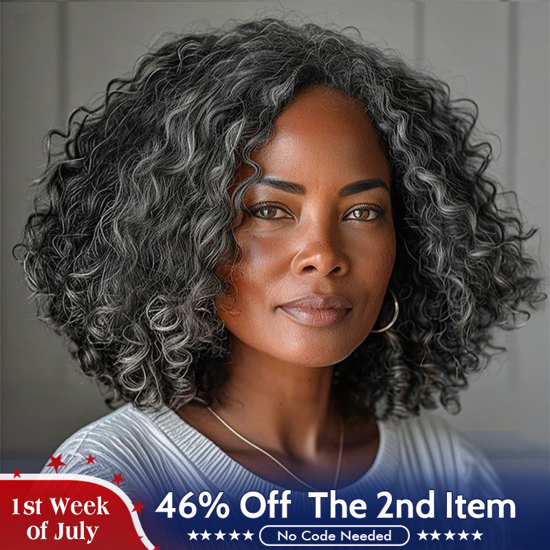 US DOMESTIC SHIPPING | Medium Salt And Pepper Water Wave Bob Real Human Hair 5x5 Lace Wigs For Mature Women