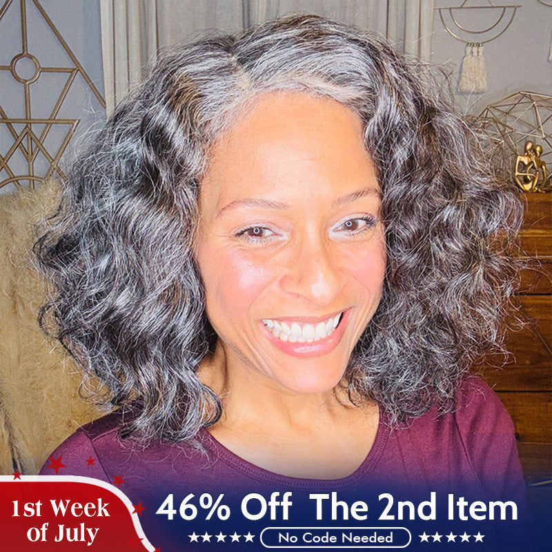 US DOMESTIC SHIPPING | Medium Salt And Pepper Wig Water Wave Human Hair 5x5 Lace Bob Throw On & Go Wigs For Mature Women