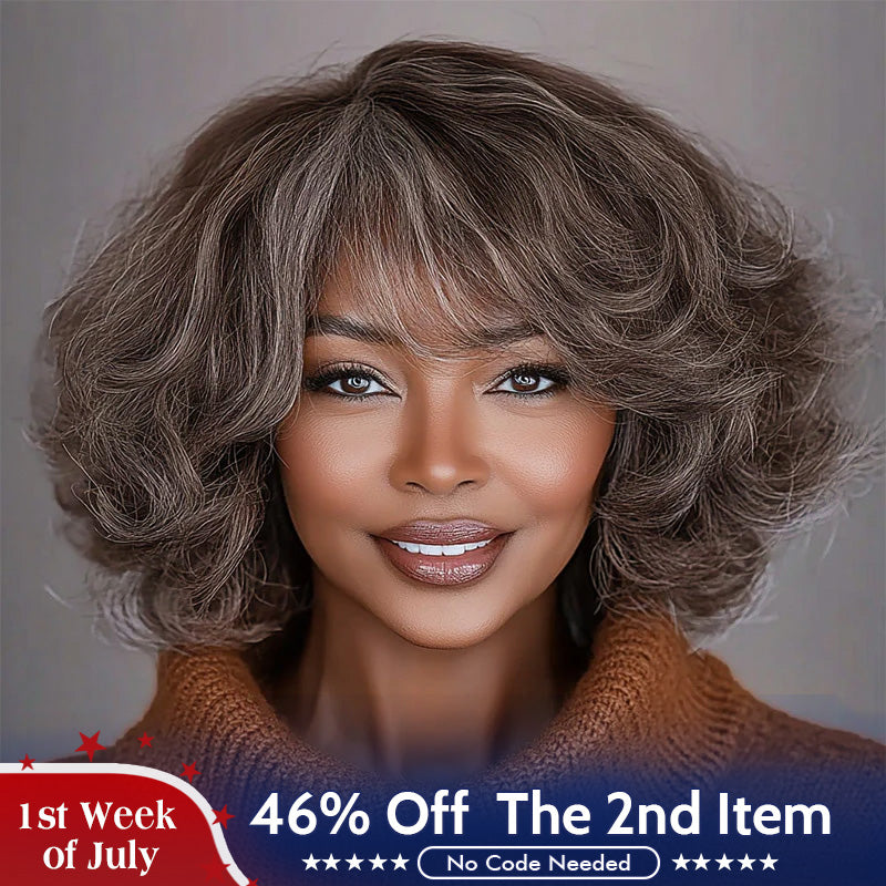 Beginner Friendly Brown Mixed Gray Glueless Bob Wig With Bangs Natural Loose Wavy Human Hair Wig For Older Women