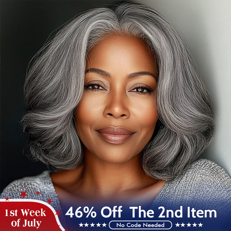Natural Straight Wavy Gray Bob For Older Women Real Human Hair Lace Wigs Salt & Pepper Color
