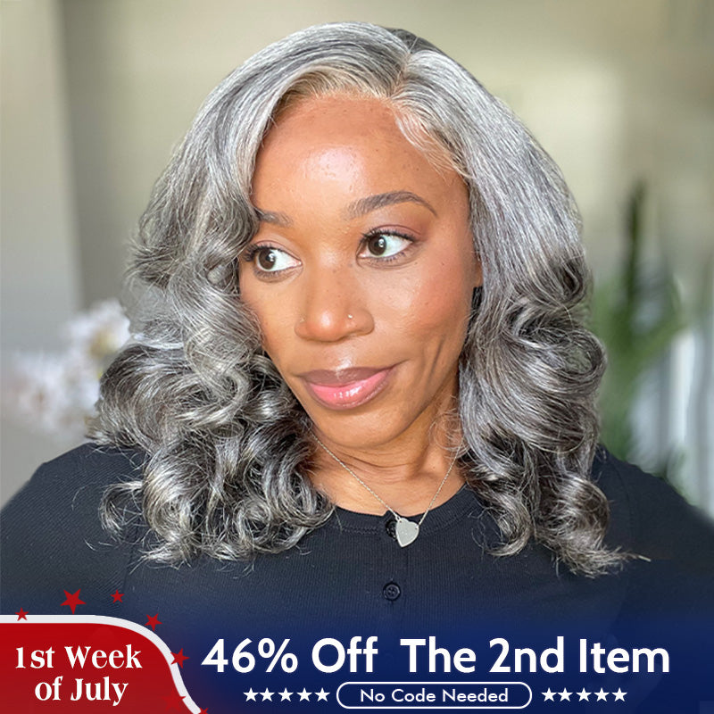 US DOMESTIC SHIPPING | Mid-Length Salt And Pepper Wig For Mature Women 100% Human Hair Body Wave 5x5 HD Lace Throw On & Go Wigs For Mom