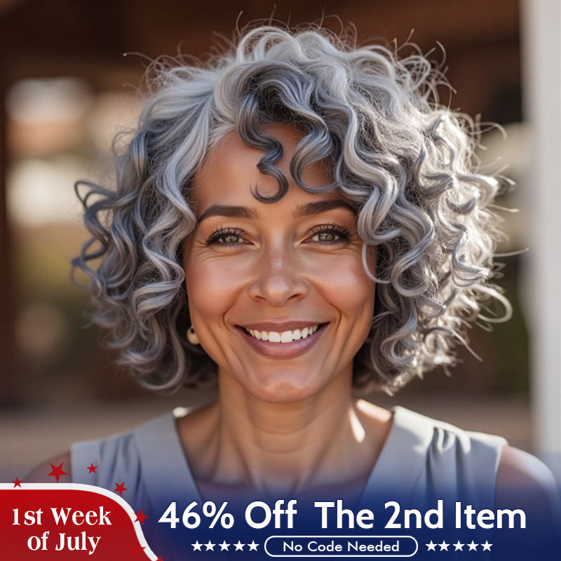 Soul Lady Salt & Pepper Wig Loose Curly Bob Silver Gray Human Hair Glueless Wigs for older women over 50- sales banner