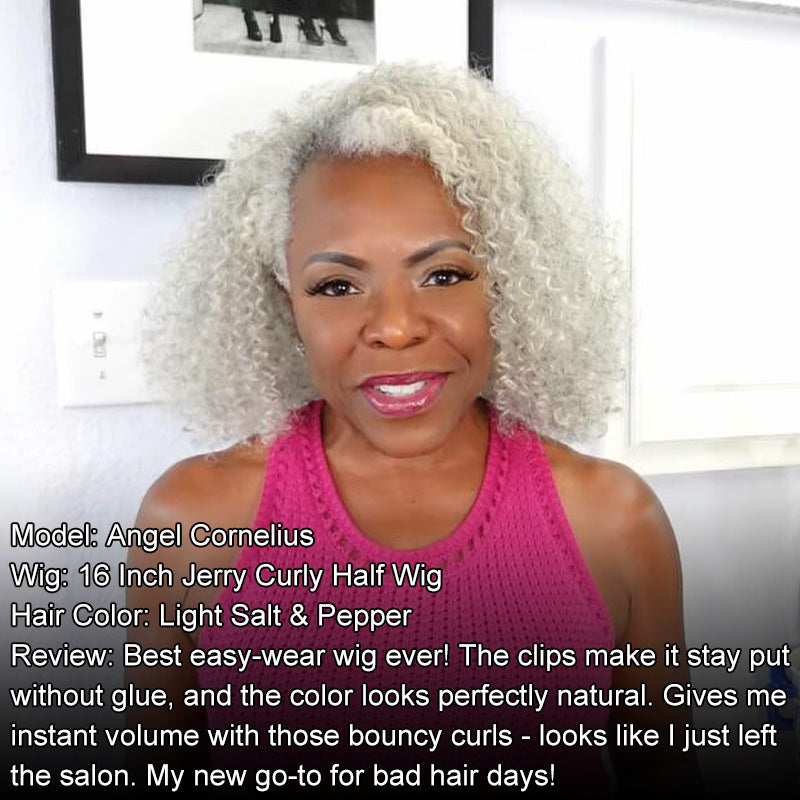 Soul lady wigs | Easy Wear Afro Curly Human Hair Half Wig Light Salt And Pepper Gray Wig With Drawstring & Clips-Angel Cornelius