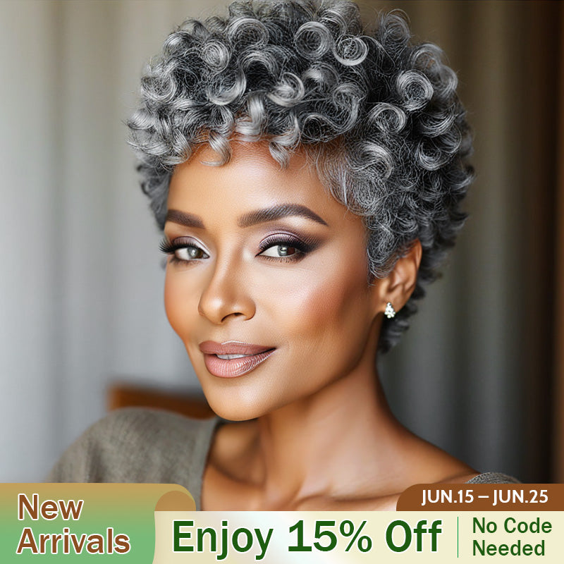Soul Lady Ready to Wear | Medium Salt & Pepper Curly Pixie Wig – Real Human Hair Glueless Wig For Black Women over 50 | gray wig for seniors-sale banner