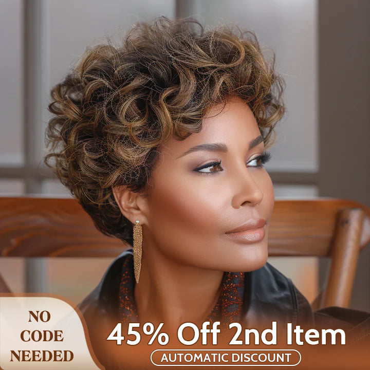 Soul Lady wigs mother daly sale - P4/30 Brown Highlighted Pixie Wig Big Curly Human Hair Wear To Go Glueless Wigs For Women