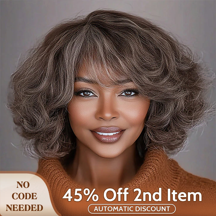 Soul Lady wigs mother day sale - Beginner Friendly Brown Mixed Gray Glueless Bob Wig With Bangs Natural Loose Wavy Human Hair Wig For Older Women