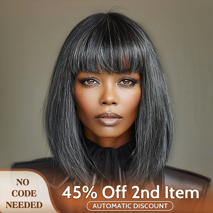Soul Lady wigs mother day sale - Chic Medium Salt & Pepper Straight Bob Wig With Bangs Real Glueless Human Hair Wigs For Women