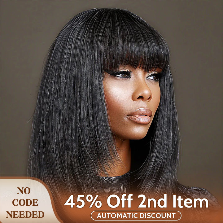 Soul Lady wigs mother day sale - Chic Glueless Layered Wigs With Bangs Dark Salt & Pepper Straight Human Hair Real Wear To Go Wigs For Women