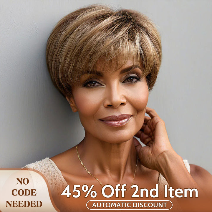 Soul Lady wigs mother day sale - Go To Style Pixie Cut Wig | Brown Mixed Blonde Highlights Short Layered Straight Human Hair 7x6 HD Lace Wig With Bangs