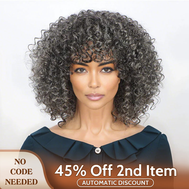 Soul Lady wigs mother daly sale - Dark Gray Curly Bob Wig With Bangs Glueless Wear & Go Human Hair Salt And Pepper Wigs