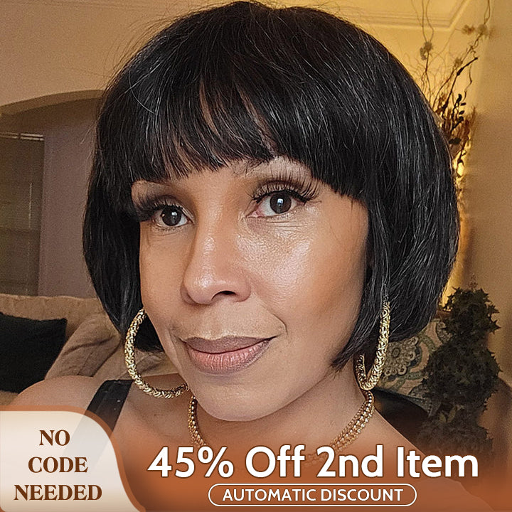 Soul Lady wigs mother daly sale - Trendy Salt & Pepper Natural Straight Wavy Bob Wear Go Glueless Human Hair Wigs With Bangs For Mature Women