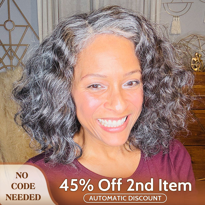 Soul Lady wigs mother day  sale -Medium Salt And Pepper Wig Water Wave Human Hair 5x5 Lace Bob Throw On & Go Wigs For Mature Women