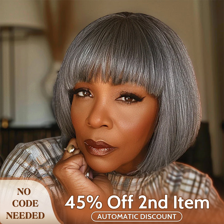 Soul Lady wigs mother day sale - Chic Salt & Pepper Straight Bob Wig With Bangs Real Human Hair Glueless Wigs For Seniors