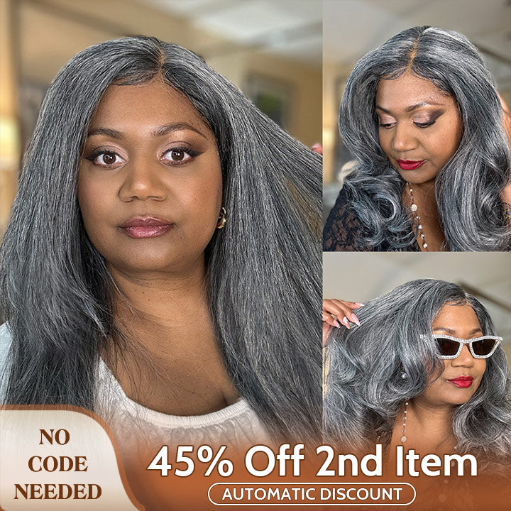 Soul Lady wigs mother day sale - Salt And Pepper Wig Straight Hair Long Wig 5x5 HD Lace Wigs For Elegant Seniors Women
