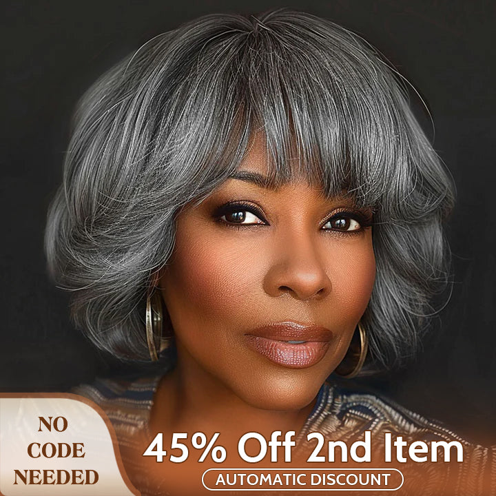 Soul Lady wigs mother daly sale - Beginner Friendly Salt and Pepper Bob Wig With Bangs Natural Wavy Human Hair Wear To Go Wig