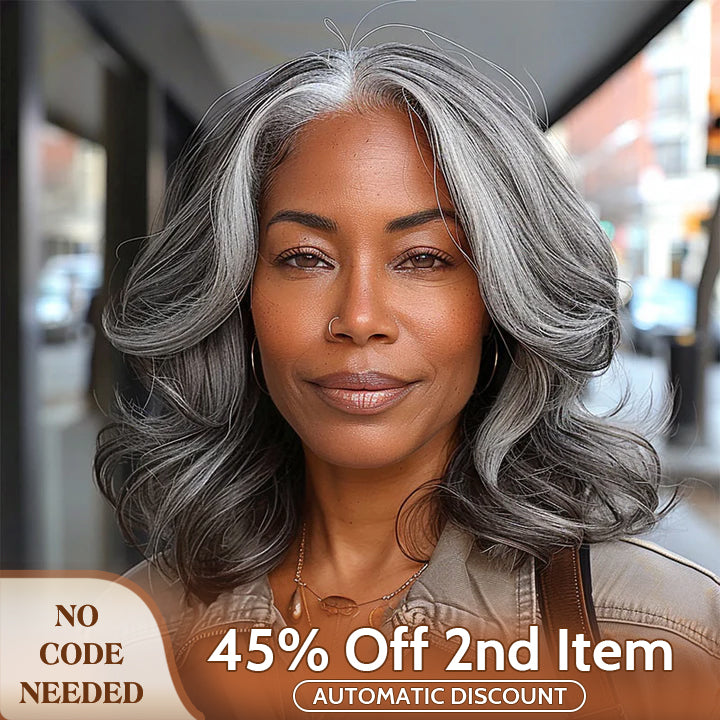 Soul Lady wigs mother day sale - Mid-Length Salt And Pepper Wig For Mature Women 100% Human Hair Body Wave 5x5 HD Lace Throw On & Go Wigs For Mom