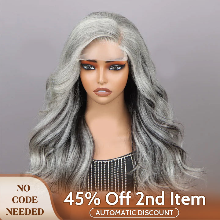Soul Lady wigs mother day sale -Attractive Silver/Black Highlights Salt And Pepper Wig Real Human Hair Body Wave 5x5 HD Lace Wigs