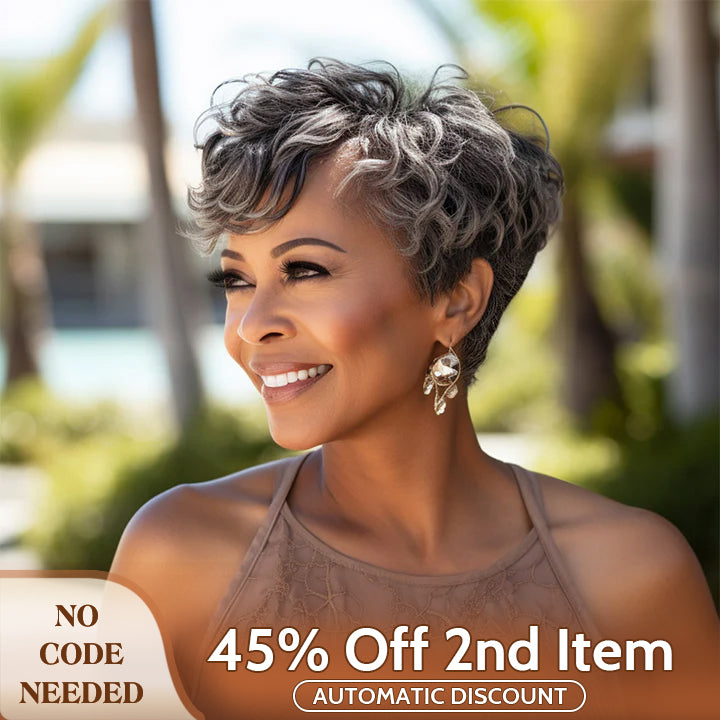 Soul Lady wigs mother daly sale - Salt & Pepper Edgy Pixie Cut Wig Natural Wave Human Hair Glueless Wigs For Seniors