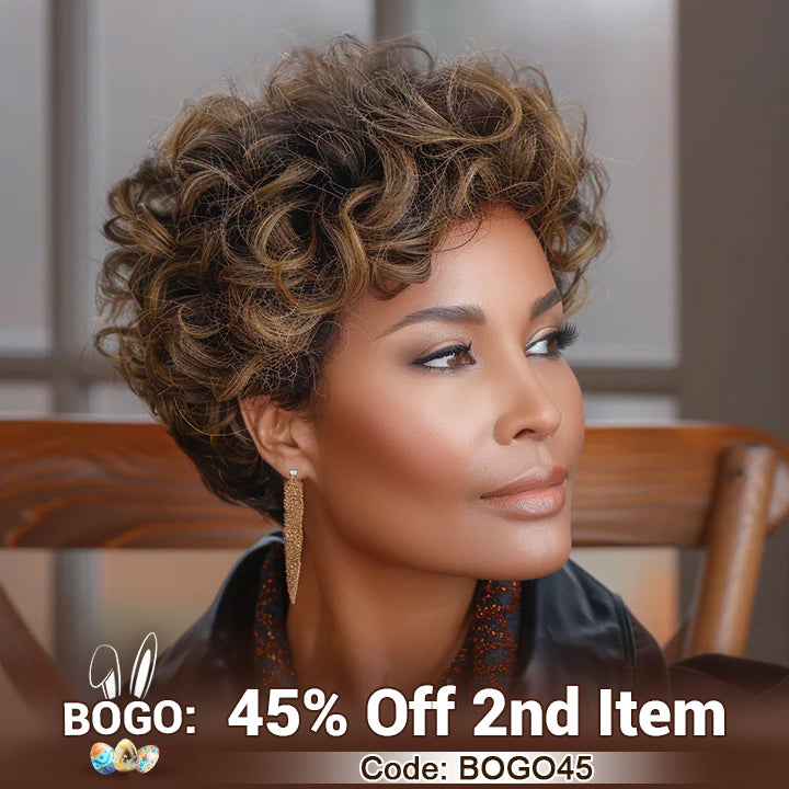 Soul lady wigs Easter Sale:-US DOMESTIC SHIPPING | P4/30 Brown Highlighted Pixie Wig Big Curly Human Hair Wear To Go Glueless Wigs For Women