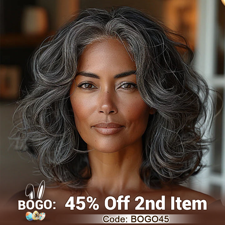 Soul lady wigs easter sale-US DOMESTIC SHIPPING | Dark Salt And Pepper Body Wave Wig Real Human Hair HD Lace Lob Wigs For Mature Women