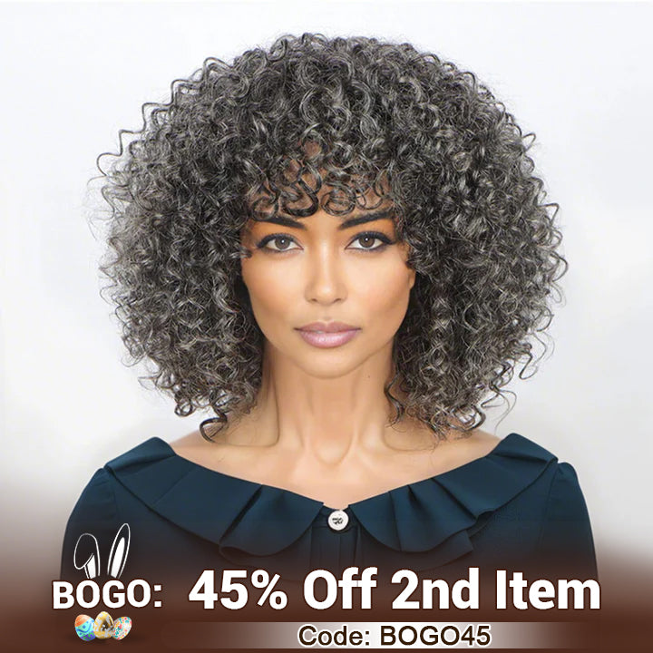 Soul lady wigs Easter Sale:-US DOMESTIC SHIPPING | Dark Gray Curly Bob Wig With Bangs Glueless Wear & Go Human Hair Salt And Pepper Wigs