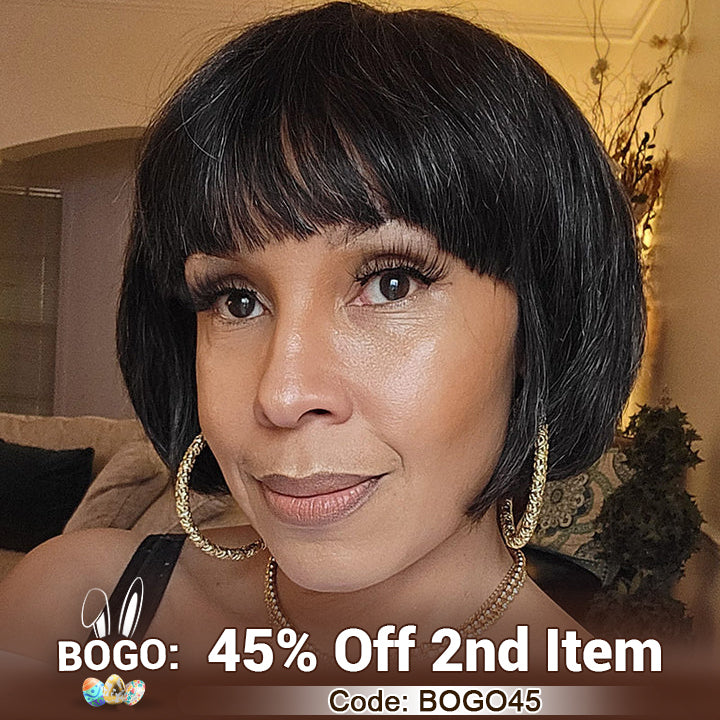 Soul lady wigs easter sale-Trendy Salt & Pepper Natural Straight Wavy Bob Wear Go Glueless Human Hair Wigs With Bangs For Mature Women