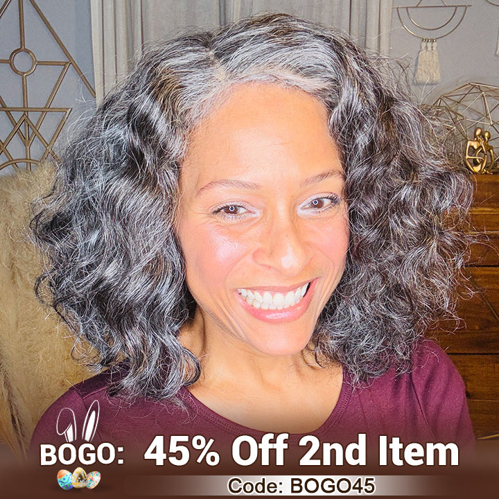 Soul lady wigs Easter Sale: US DOMESTIC SHIPPING | Medium Salt And Pepper Wig Water Wave Human Hair 5x5 Lace Bob Throw On & Go Wigs For Mature Women