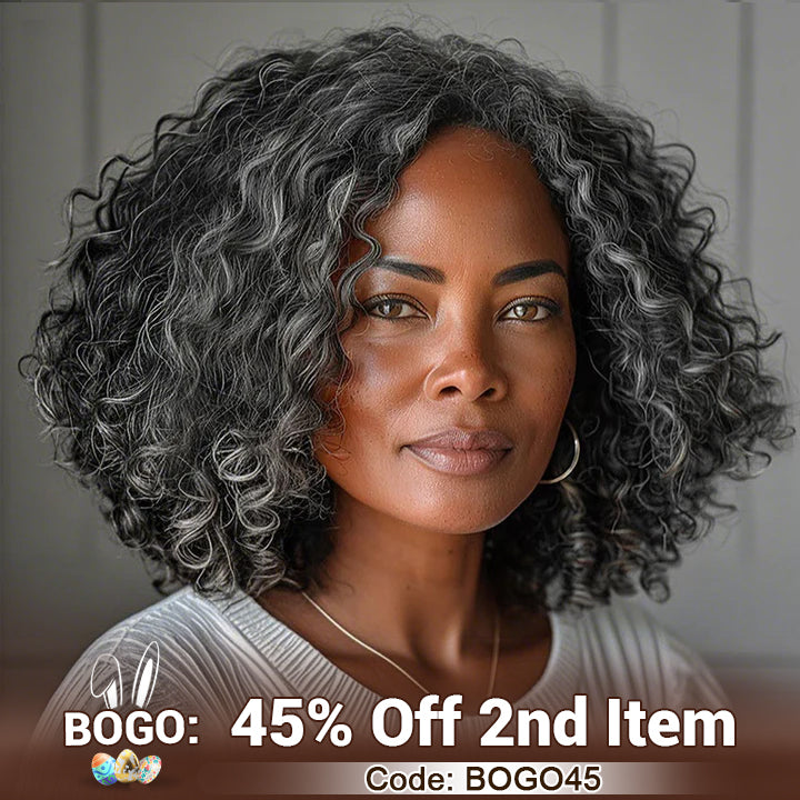 Soul lady wigs easter sale-US DOMESTIC SHIPPING | Medium Salt And Pepper Water Wave Bob Real Human Hair 5x5 Lace Wigs For Mature Women