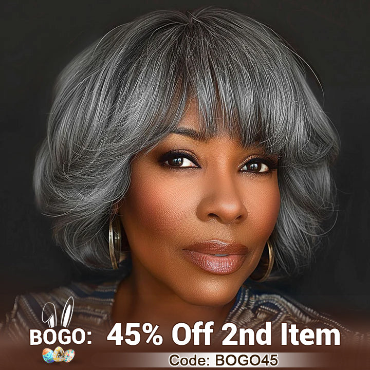 Soul lady wigs easter sale-US DOMESTIC SHIPPING |Beginner Friendly Salt and Pepper Bob Wig With Bangs Natural Wavy Human Hair Wear To Go Wig
