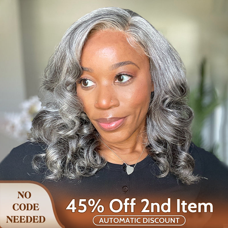 Soul Lady Wig Sale | Mid-Length Salt And Pepper Wig For Mature Women 100% Human Hair Body Wave 5x5 HD Lace Throw On & Go Wigs For Mom-model Simply Sherelle