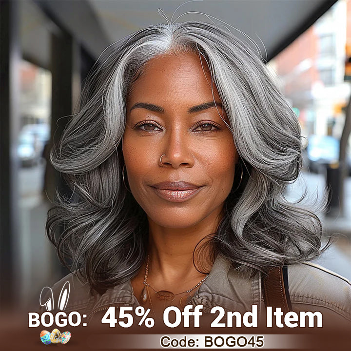 Soul lady wigs easter sale-US DOMESTIC SHIPPING | Mid-Length Salt And Pepper Wig For Mature Women 100% Human Hair Body Wave 5x5 HD Lace Throw On & Go Wigs For Mom