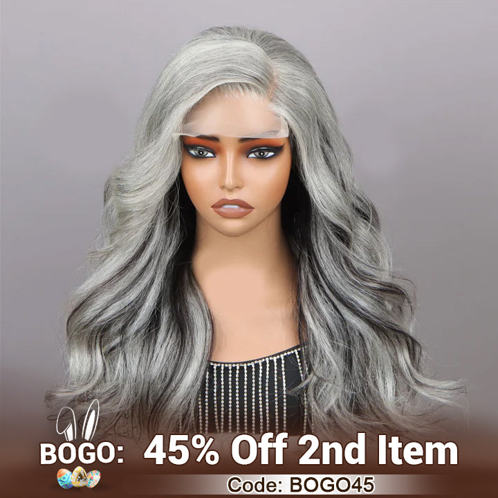 Soul lady wigs Easter Sale: US DOMESTIC SHIPPING |Attractive Silver/Black Highlights Salt And Pepper Wig Real Human Hair Body Wave 5x5 HD Lace Wigs