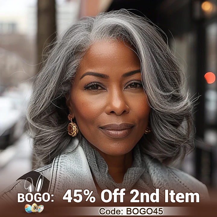 Soul lady wigs easter sale-Shoulder-Length Salt And Pepper Wig Real Human Hair Loose Wave Wigs