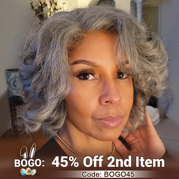Soul lady wigs Easter Sale：US Domestic Shipping | Timeless Throw On & Go Salt And Pepper Wig Loose Curly Human Hair Glueless Wigs For Older Women