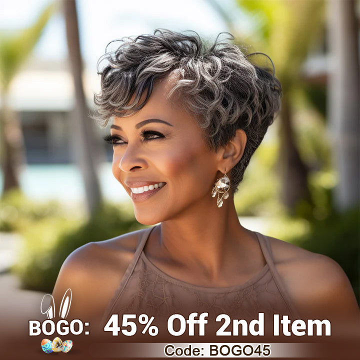 US DOMESTIC SHIPPING | Salt & Pepper Edgy Pixie Cut Wig Natural Wave Human Hair Glueless Wigs For Seniors-Soul lady wigs easter sale