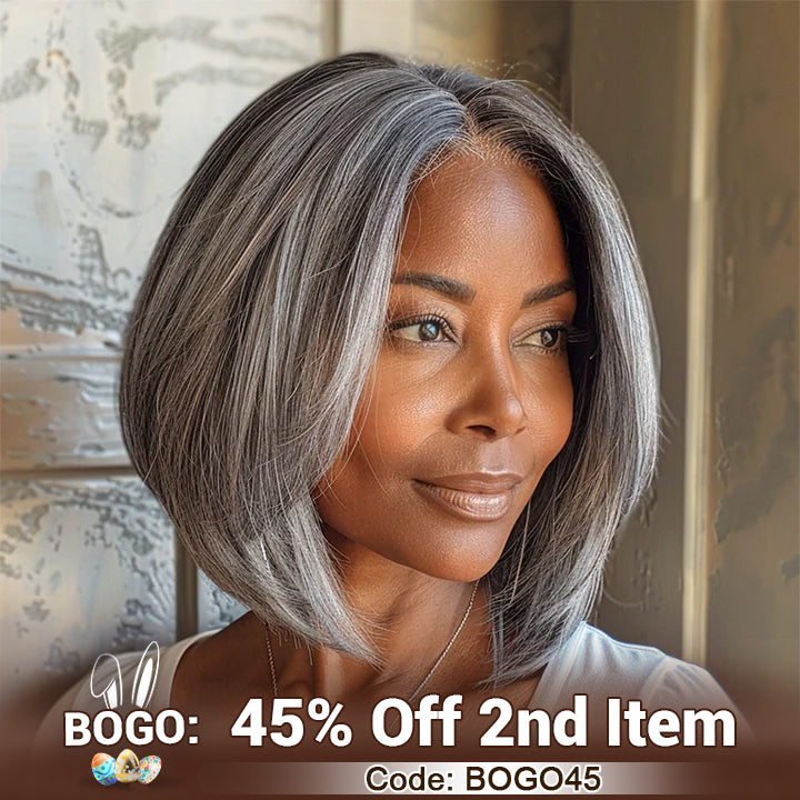 Soul lady wigs Easter Sale: US DOMESTIC SHIPPING | Chic Silver Gray Straight Bob Salt and Pepper Real Human Hair Glueless Lace Wigs For Seniors