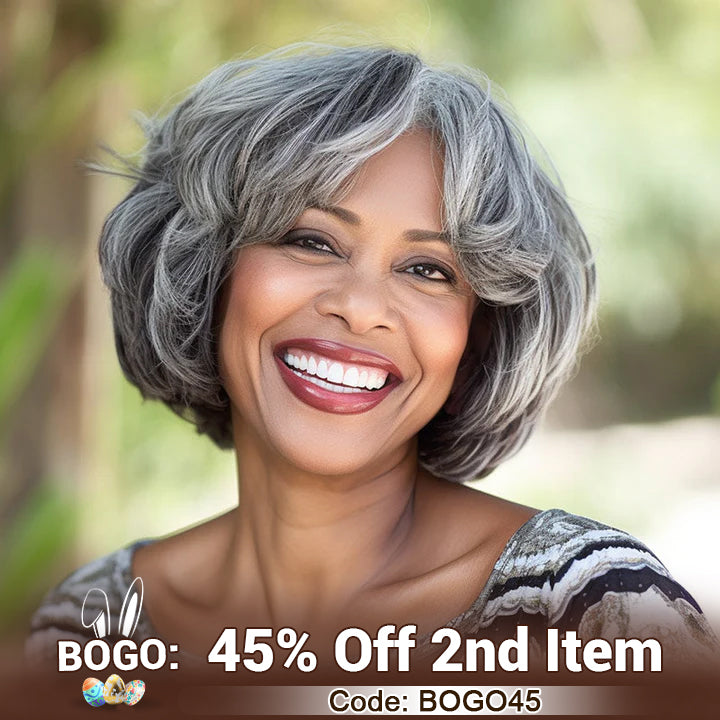 Soul lady wigs easter sale-US DOMESTIC SHIPPING | Short Wavy Bob Salt & Pepper Color Glueless Human Hair Wigs For Senior Ladies