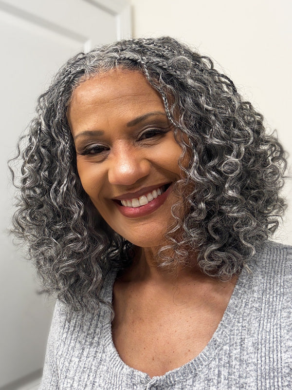 soul lady wigs social pick banner on curly human hair standard salt and pepper blend ig 5x5 hd lace wig with boho braids on the roots with model MyMatureStyle