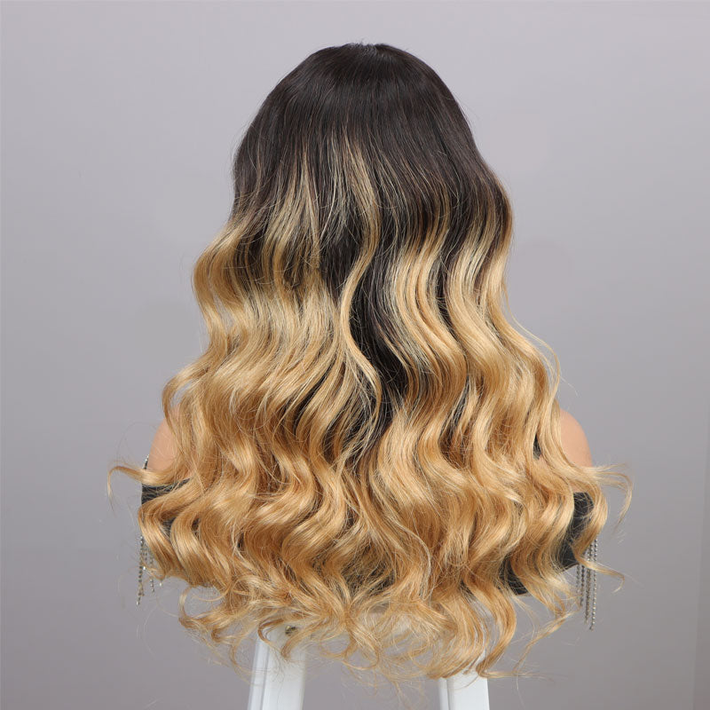 Ombre Honey Blonde T1B/27 Bady Wave 3 In 1 Half Wig Beginner Friendly Glueless 100% Human Hair 3/4 Wig 