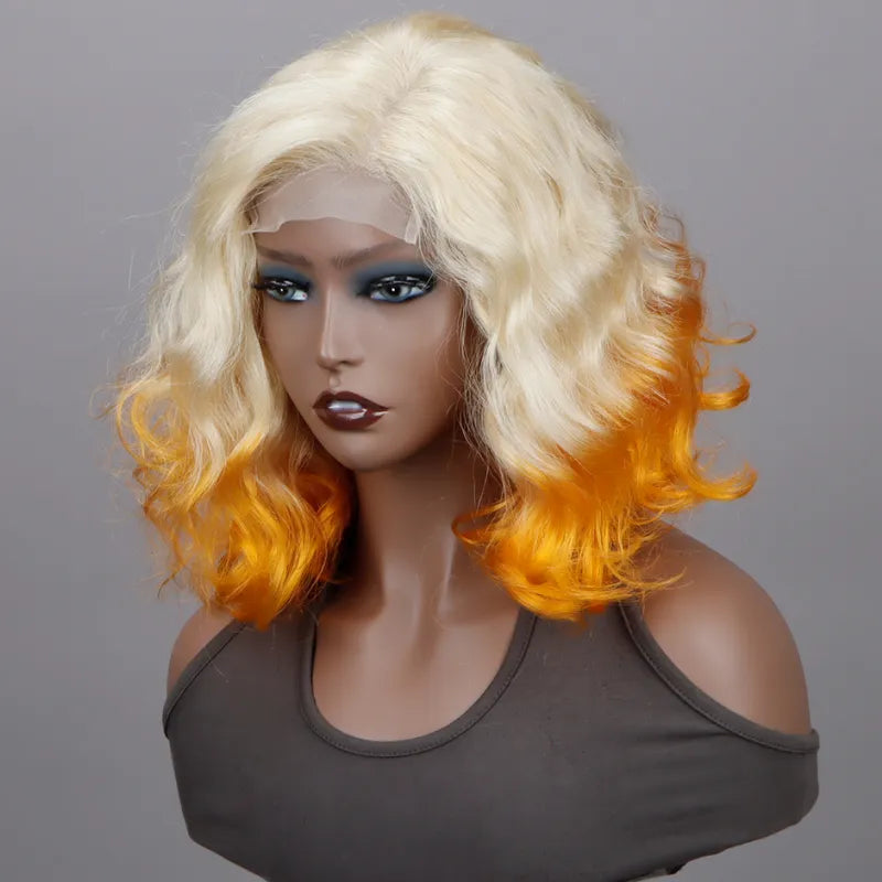 Soul Lady Blonde Color With Orange Wavy Hair Bob Wig 5x5 HD Lace Wigs 180% Density-right front display