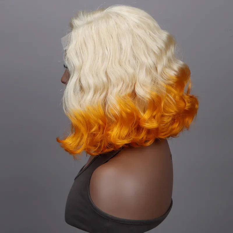Soul Lady Blonde Color With Orange Wavy Hair Bob Wig 5x5 HD Lace Wigs 180% Density-side display