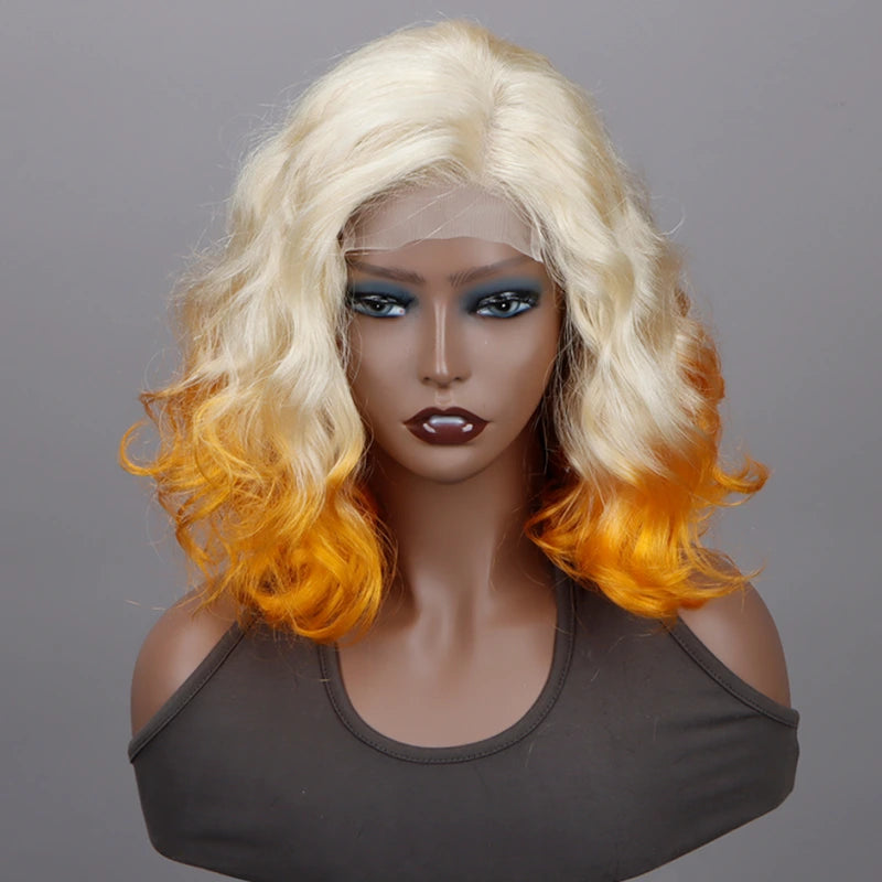Soul Lady Blonde Color With Orange Wavy Hair Bob Wig 5x5 HD Lace Wigs 180% Density- front display