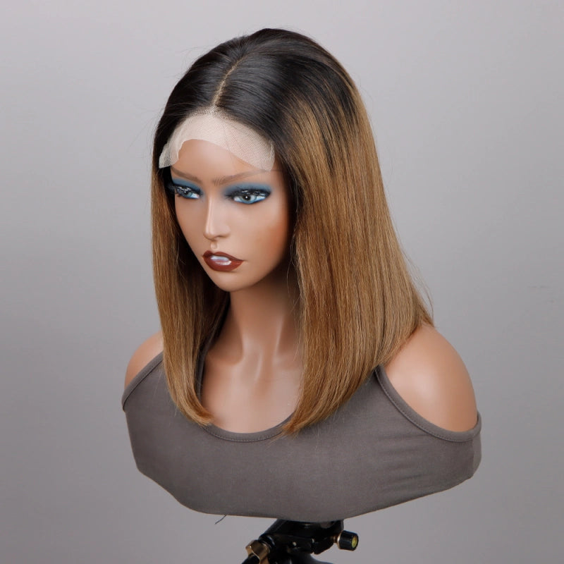Ombre Caramel Brown With Black Roots Straight Bob Wig 5x5 HD Lace Human