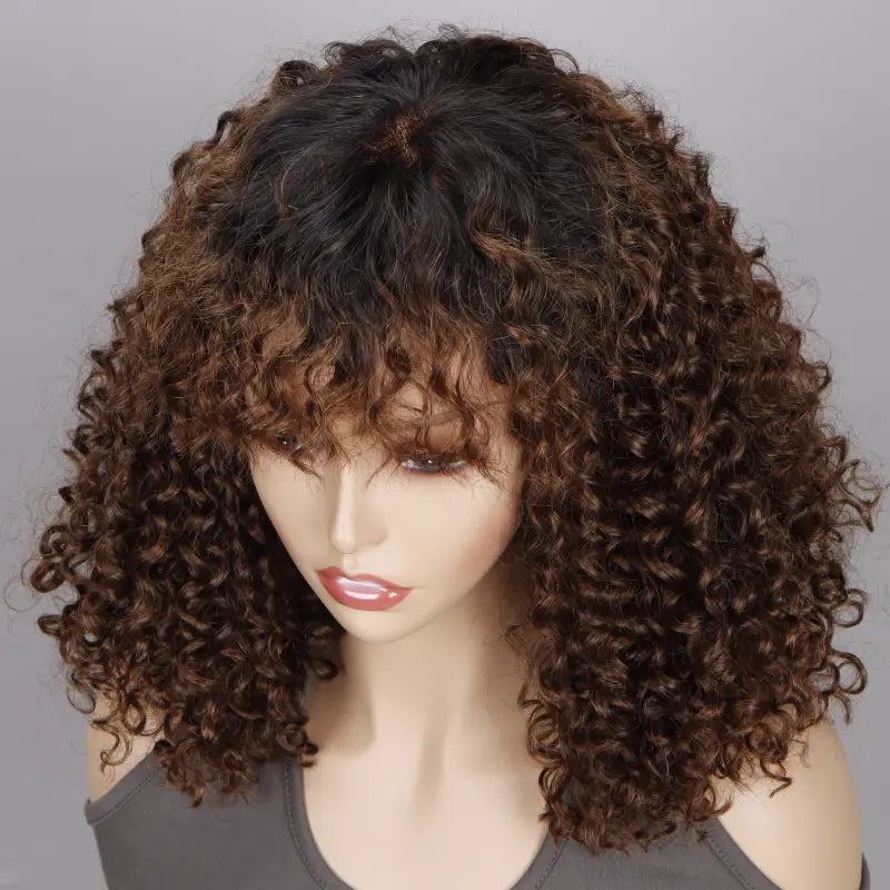 Curly Hair Bob Wig With Bangs Brown Color With Black Roots 4x4 HD Front Lace Wig