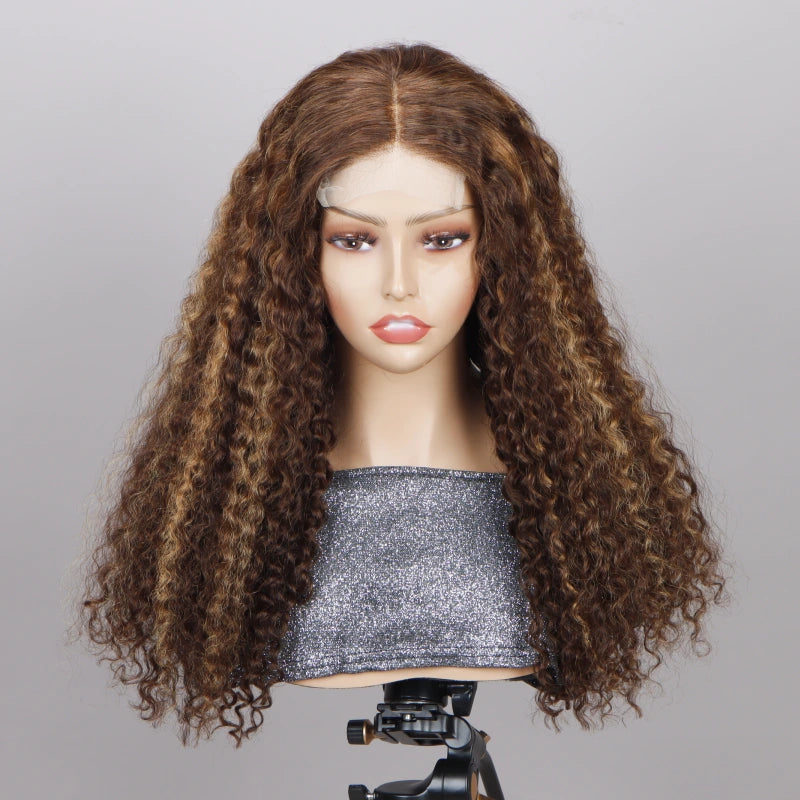 Soul Lady Long Curly Human Hair Wigs Blonde Balayage Highlight HD Lace Wigs 180% Density
