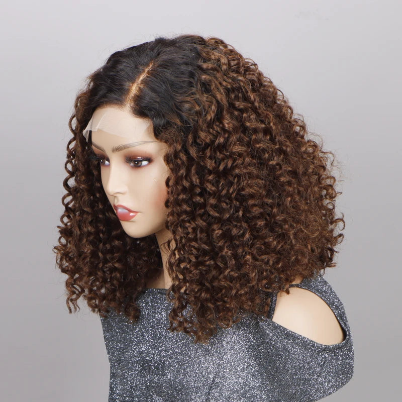 Curly Hair Wig Brown Color With Black Roots HD Front Lace Wig