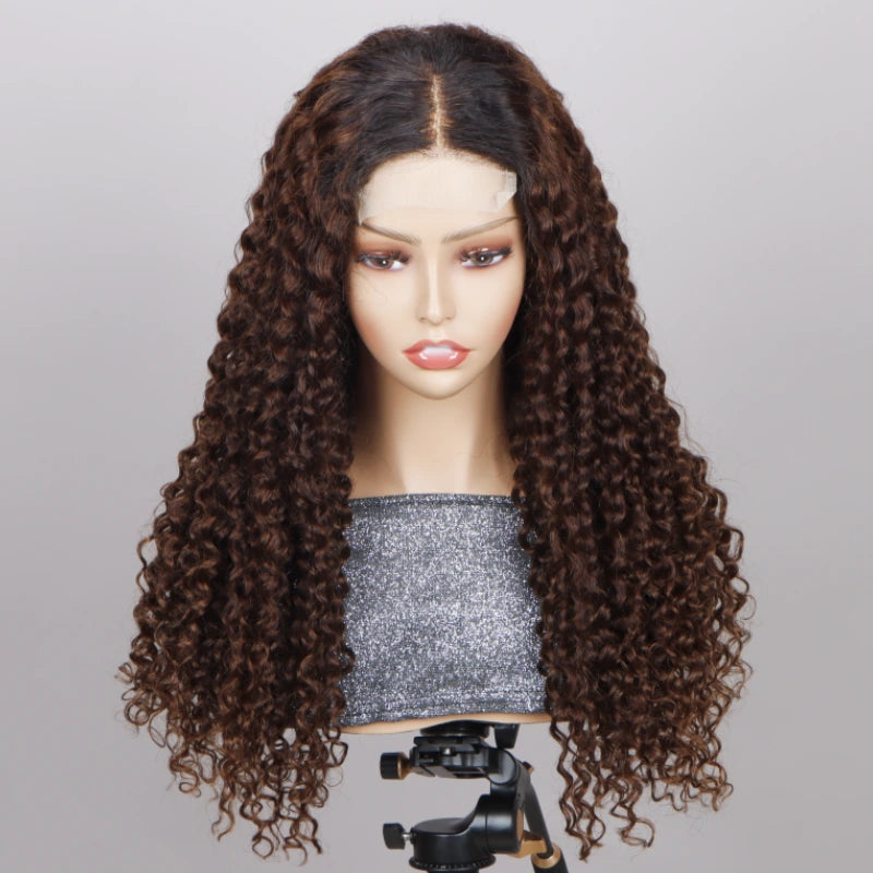 Curly Hair Wig Brown Color With Dark Roots Front Lace Wigs 180% Density